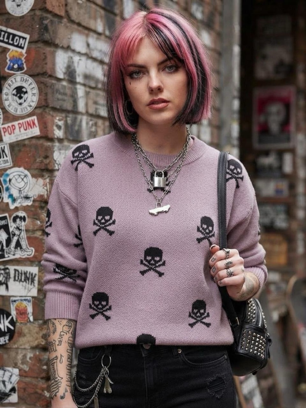 No Boundaries Pastel Goth Skull Print Knit Sweater